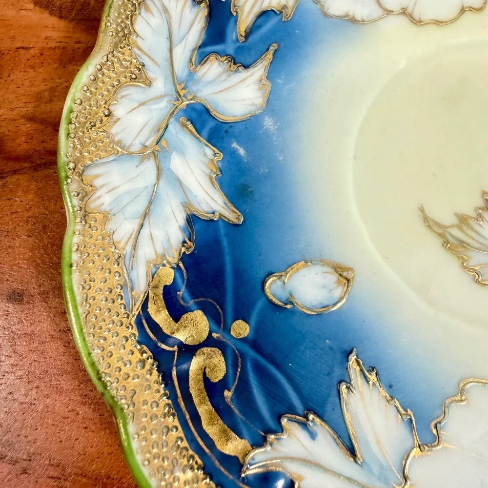 Antique I.E.Co Japan Hand Painted Saucer Cobalt Blue White Poppies‎ Gold Moriage